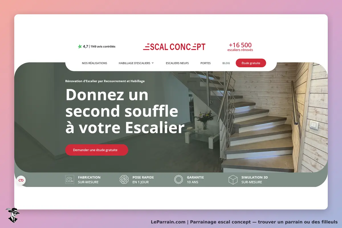 Escal Concept : page d'accueil présentant un escalier rénové et un formulaire de demande d'étude