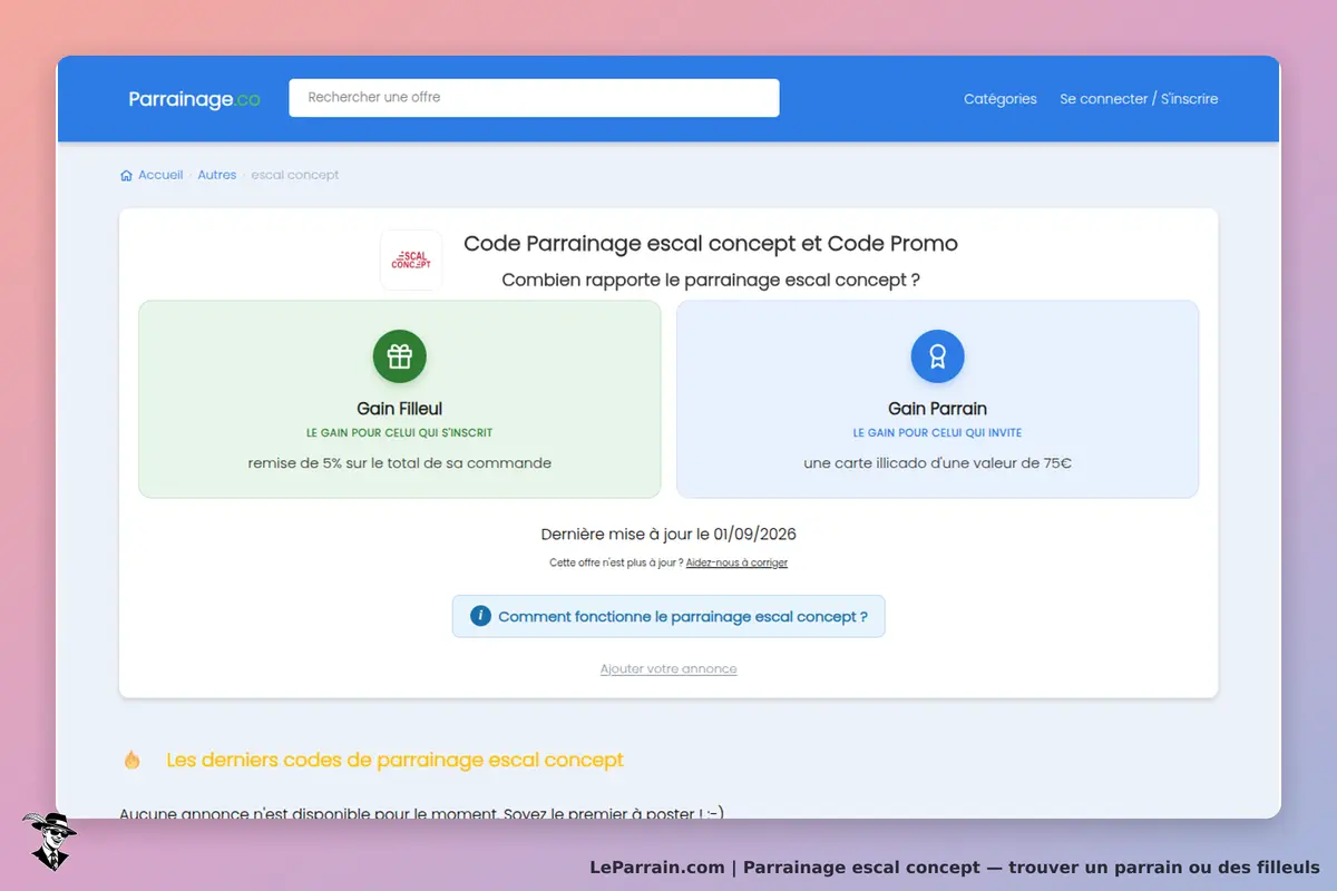Parrainage.co : page présentant le parrainage d'Escal Concept avec gains pour filleuls et parrains