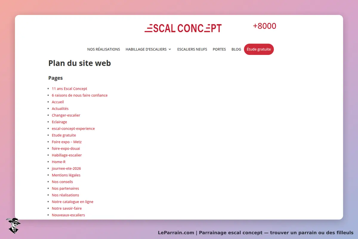 Escal Concept : plan du site web avec liste des pages accessibles sur le site