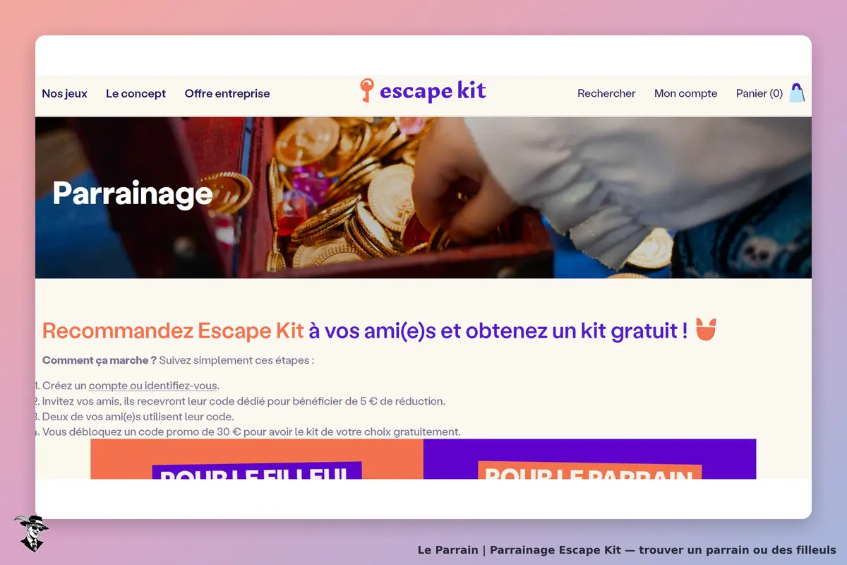 Escape Kit : page d'accueil avec informations sur le parrainage et image de pièces dorées