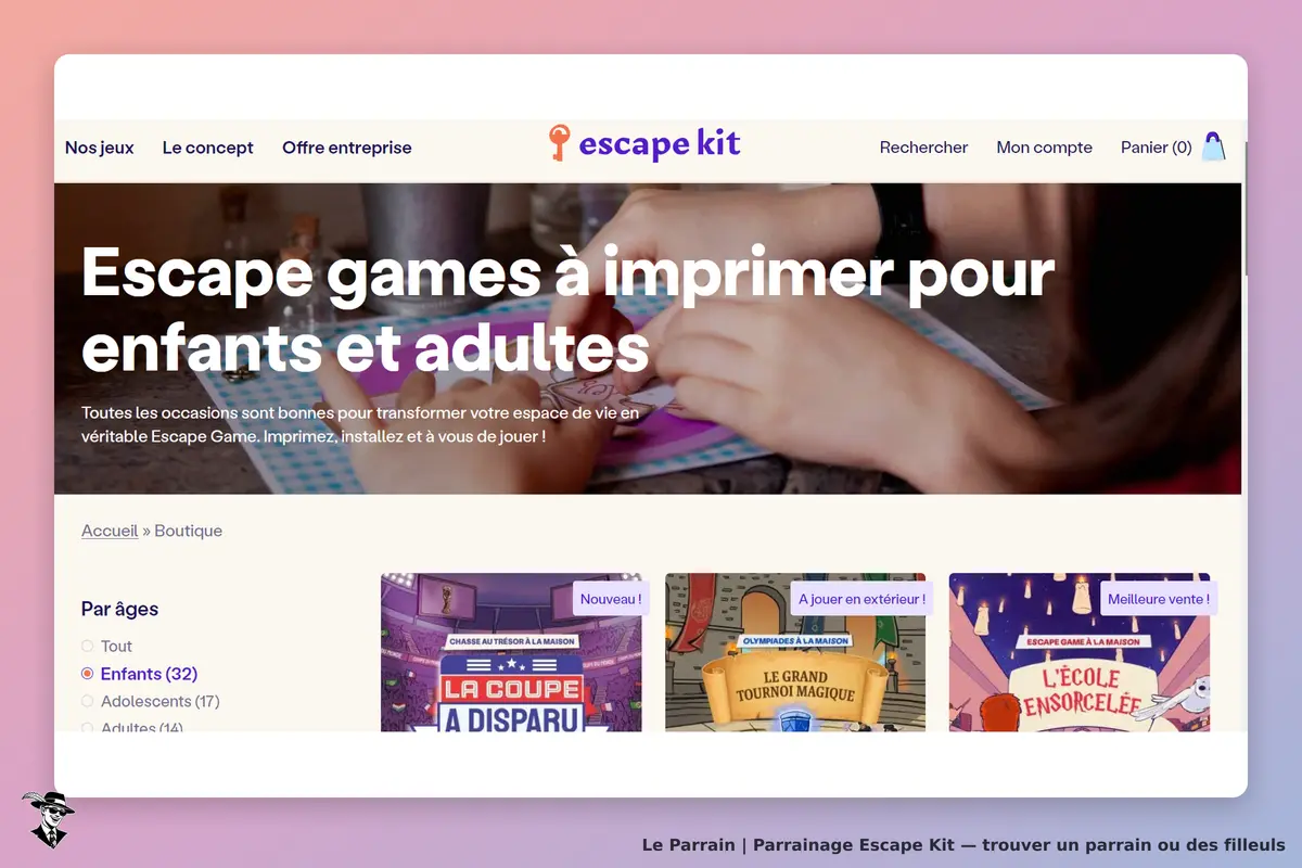 escape kit : page d'accueil présentant des escape games à imprimer pour enfants et adultes