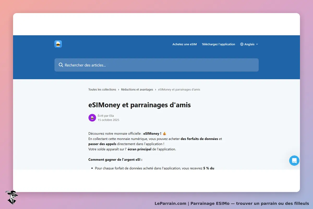 ESIMo : page d'accueil présentant eSIMoney et les parrainages d'amis