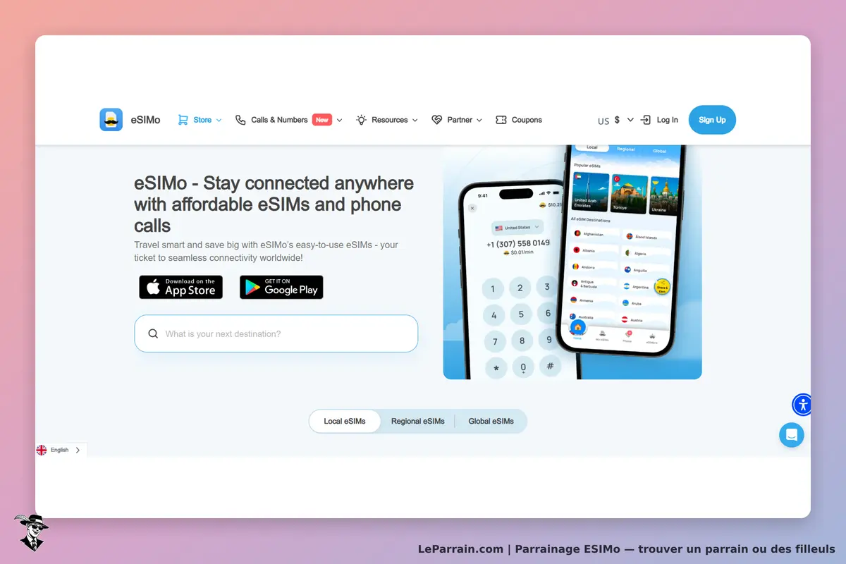ESIMo : page d'accueil avec un smartphone affichant des eSIMs et un formulaire de recherche