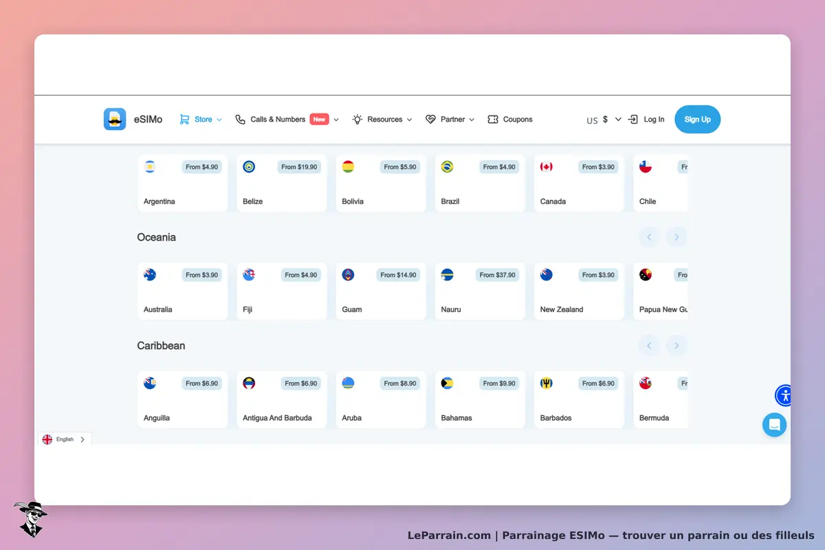 ESIMo : page d'accueil affichant des options de pays avec leurs drapeaux et tarifs associés