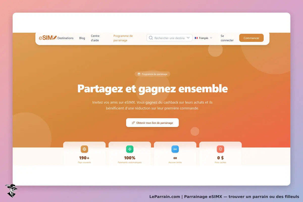 eSIMX : eSIM : page d'accueil avec un message sur le parrainage et des statistiques en bas