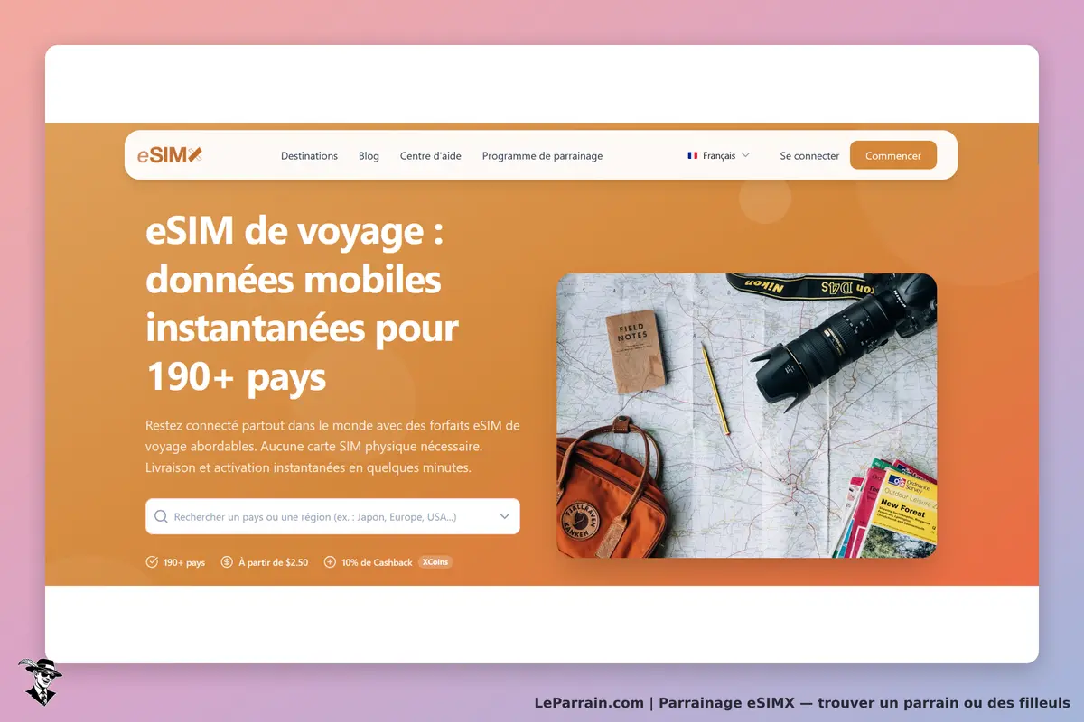 eSIMX : page d'accueil avec un message sur les eSIM et une image d'objets de voyage