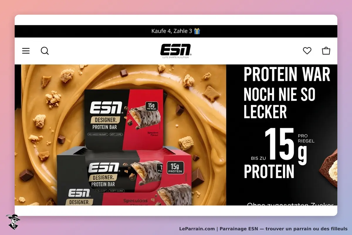 ESN : affichage de barres protéinées avec un fond crémeux et des éléments de chocolat