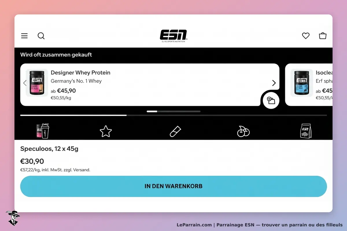 ESN : page affichant des produits de nutrition sportive avec options d'ajout au panier