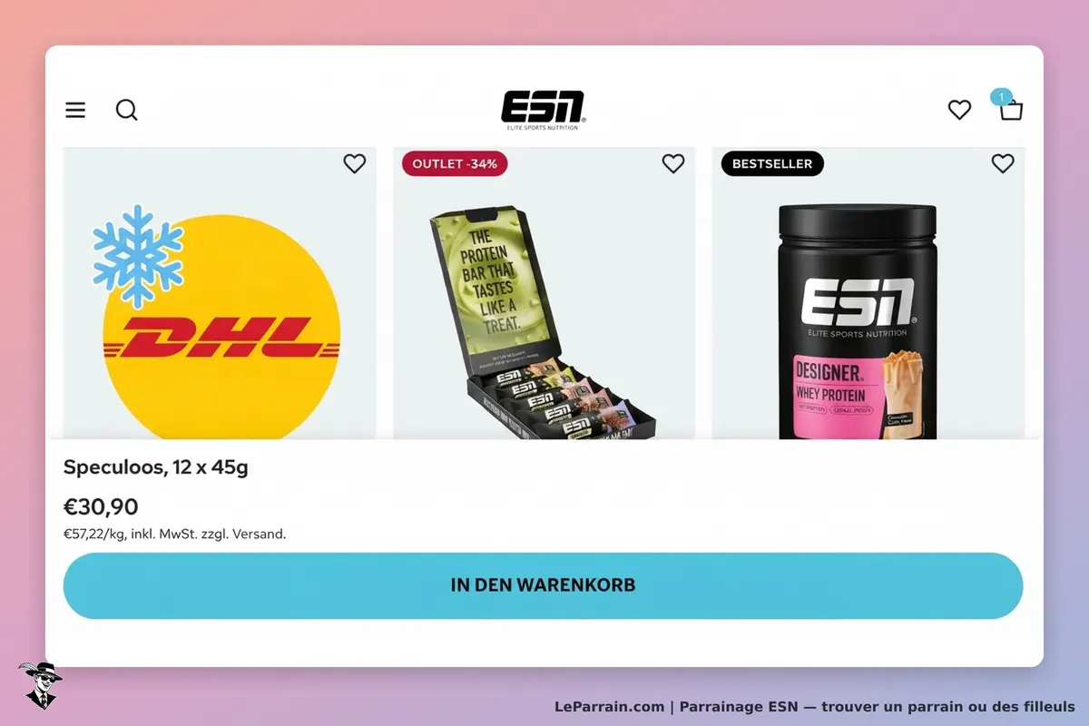 ESN : page d'accueil avec produits, incluant barres protéinées et pot de protéine