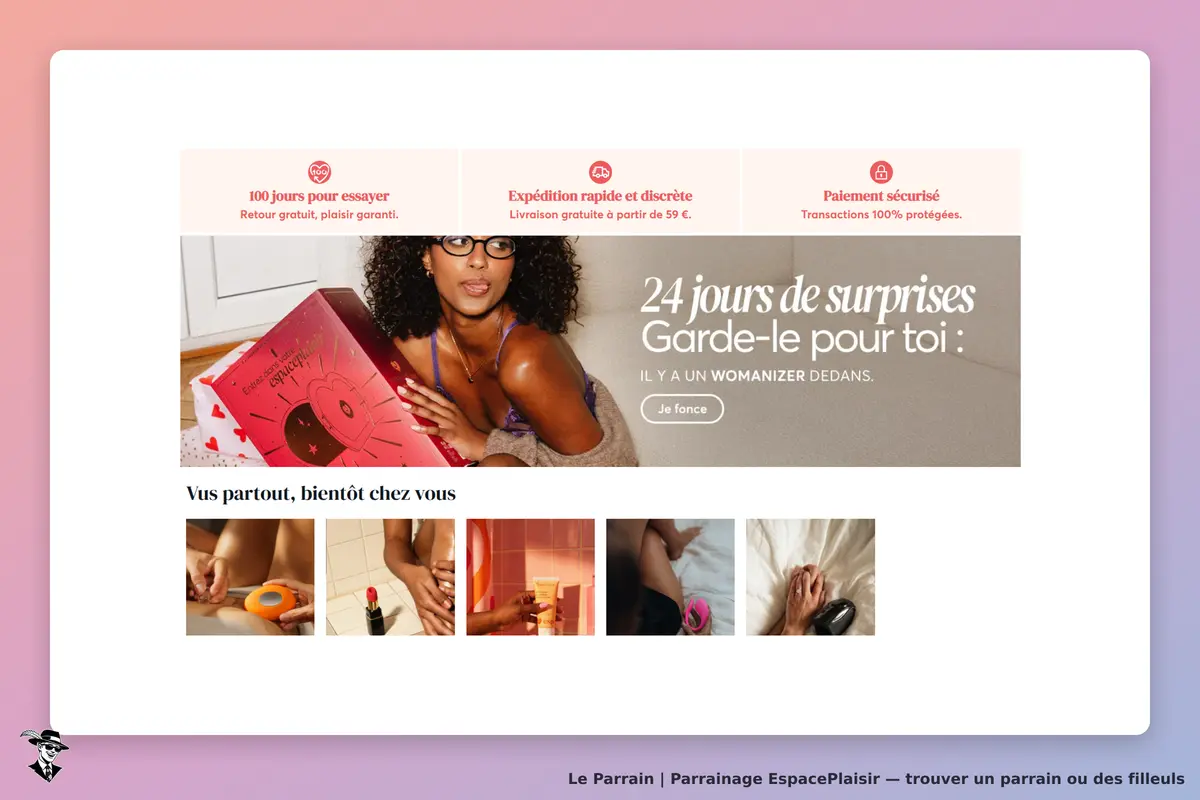 EspacePlaisir : page d'accueil avec un visuel d'un coffret et des images de produits variés