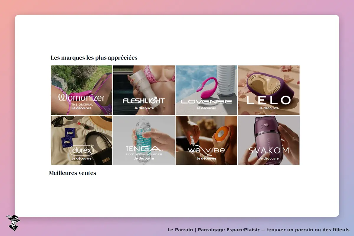 EspacePlaisir : marques appréciées avec images de produits et boutons "Je découvre"