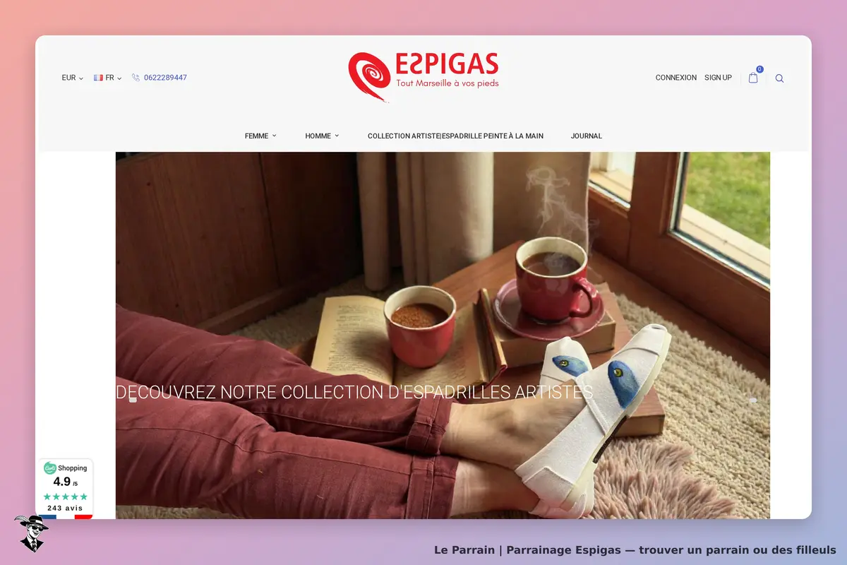 Espigas : une personne avec des espadrilles blanches et un livre, deux tasses de café à côté