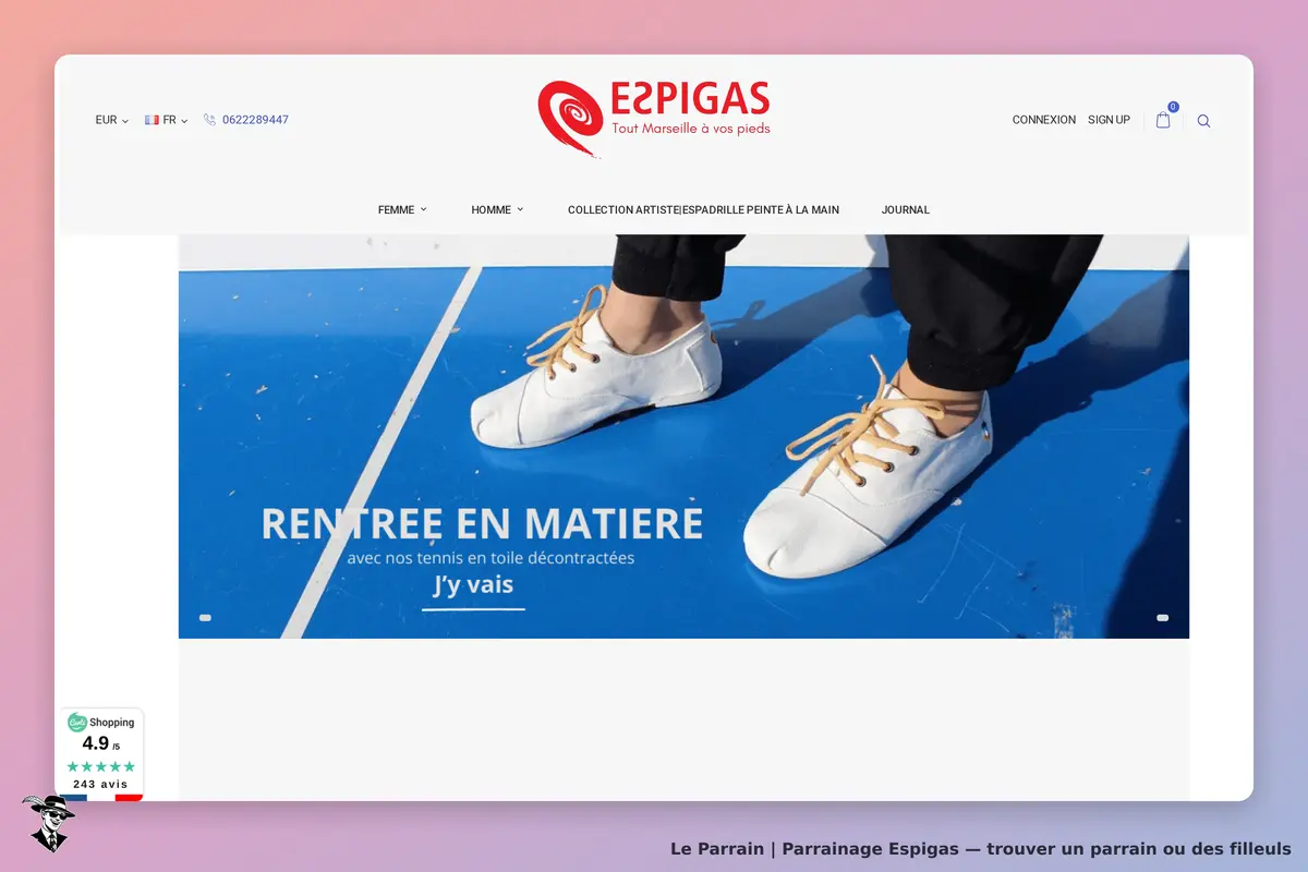 Espigas : page d'accueil avec des chaussures blanches sur fond bleu et texte promotionnel