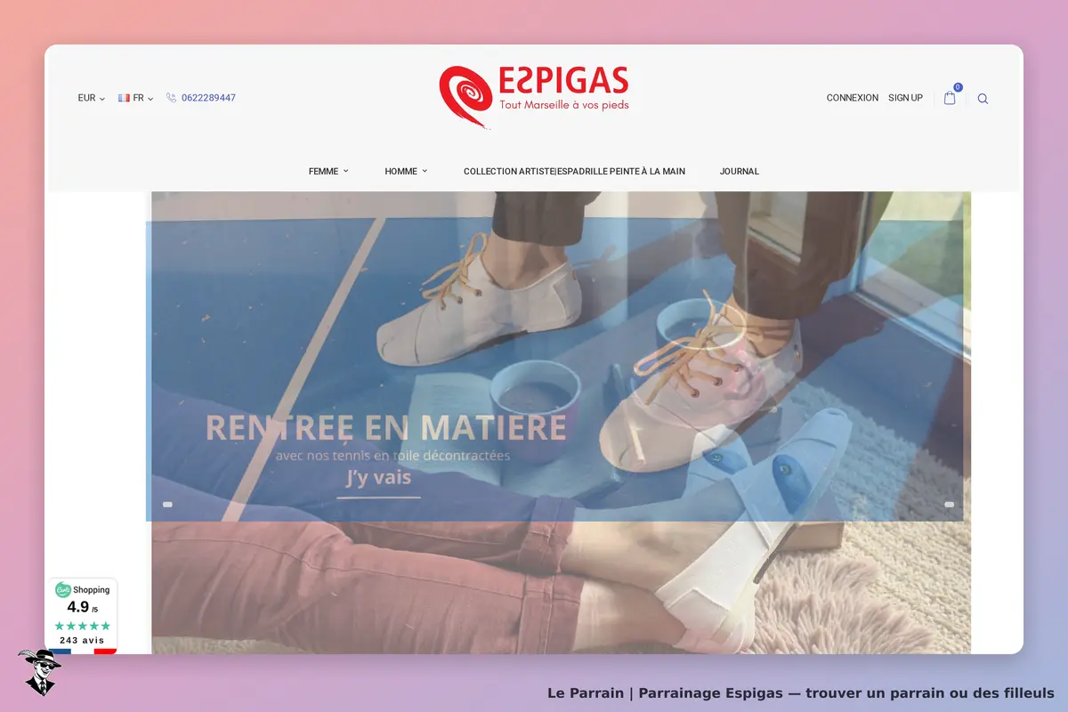 Espigas : page d'accueil avec des tongs et un message sur les tennies en toile décontractées