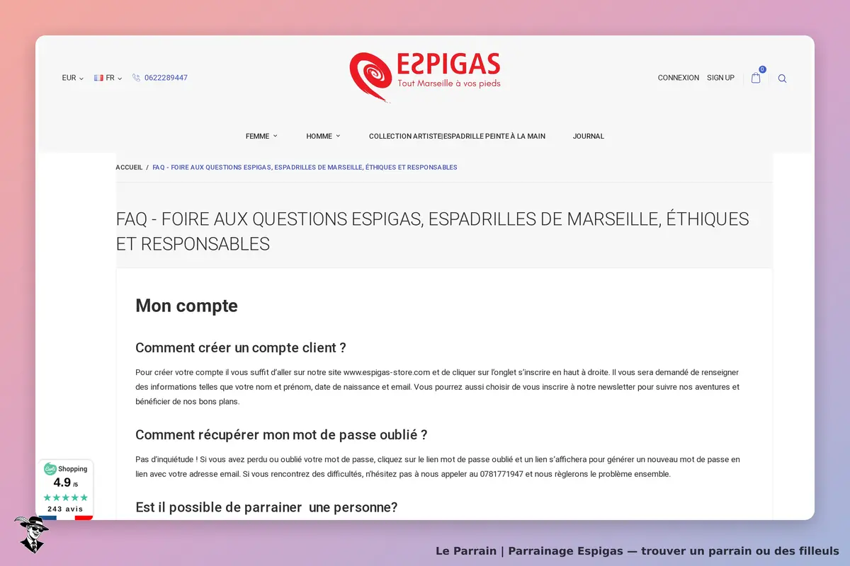 Espigas : page FAQ sur la création de compte client et récupération de mot de passe
