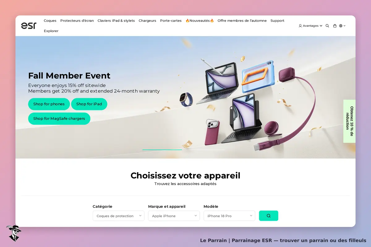 ESR : page d'accueil avec des produits électroniques et options de sélection d'appareils