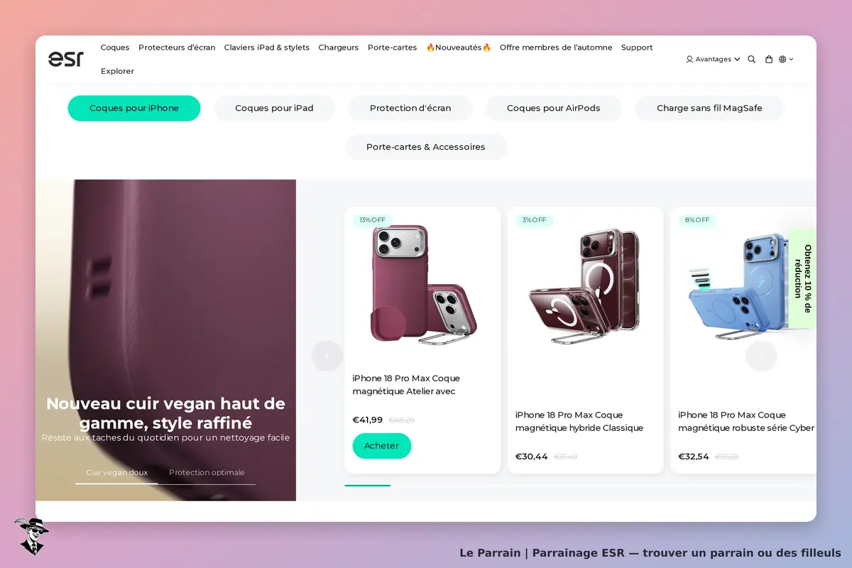 esr : page d'accueil présentant des coques pour iPhone avec descriptions et images de produits