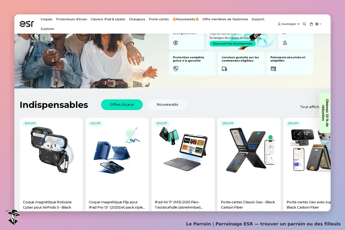 esr : page d'accueil avec produits indispensables et promotions affichées en vignettes