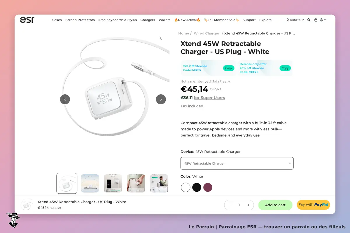 ESR : chargeur Xtend 45W rétractable avec câble intégré, affiché sur fond blanc