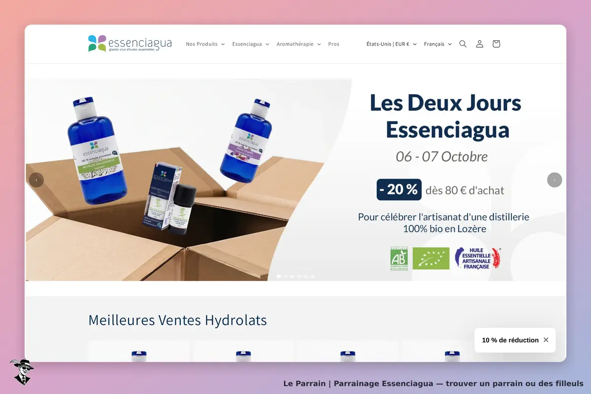 Essenciagua : page d'accueil avec des produits en bouteille et une boîte ouverte