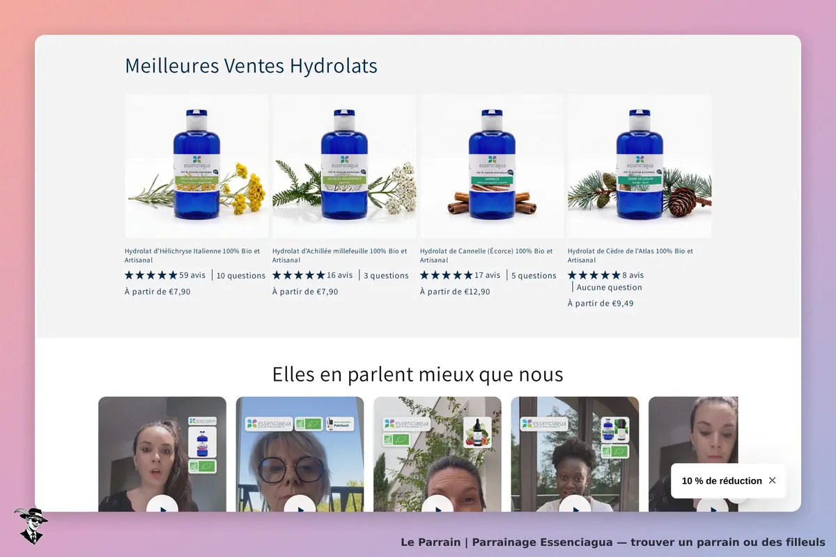Essenciagua : page d'accueil avec hydrolats et témoignages vidéo de clientes