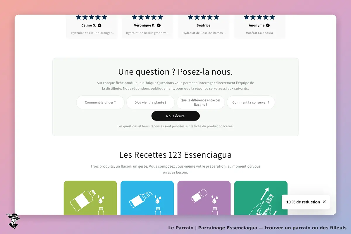 Essenciagua : page d'accueil avec questions fréquentes et section recettes de produits