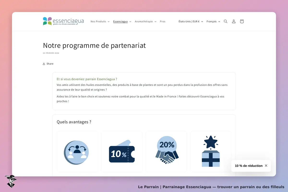Essenciagua : page présentant le programme de parrainage et ses avantages
