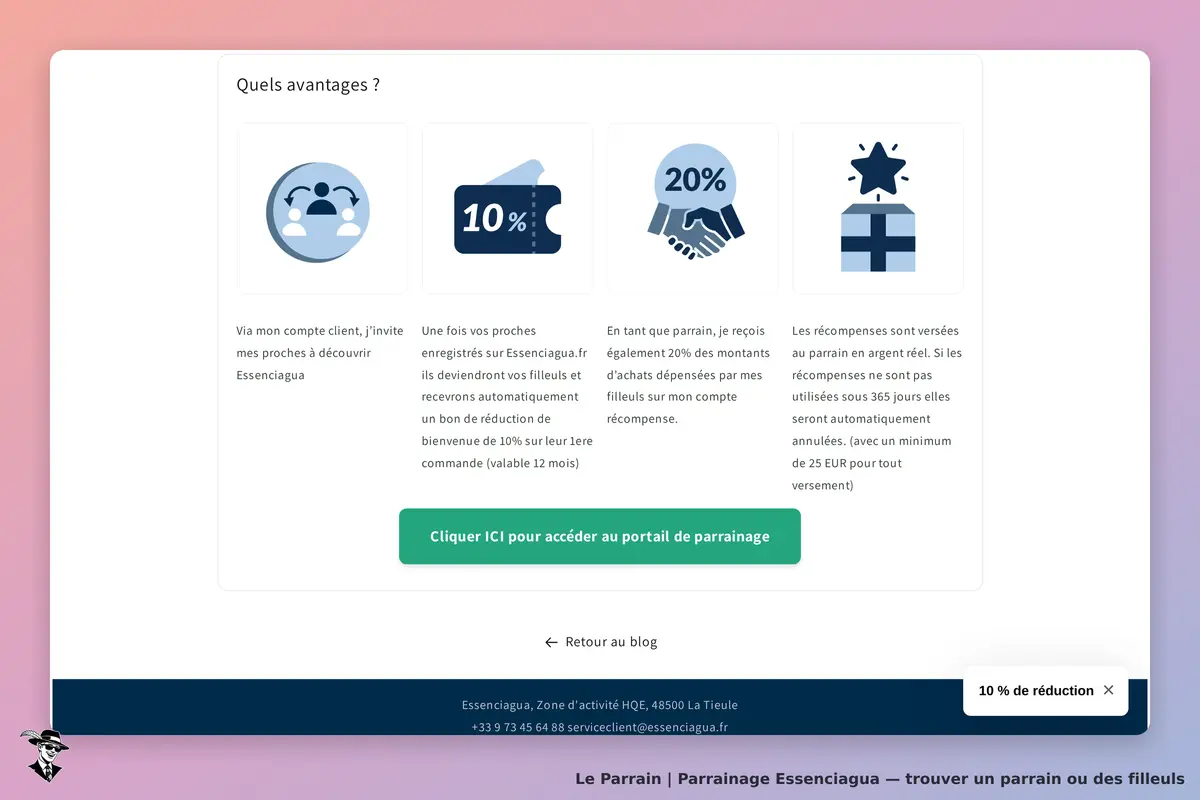 Essenciagua : avantages du parrainage avec icônes et texte explicatif sur la page d'accueil