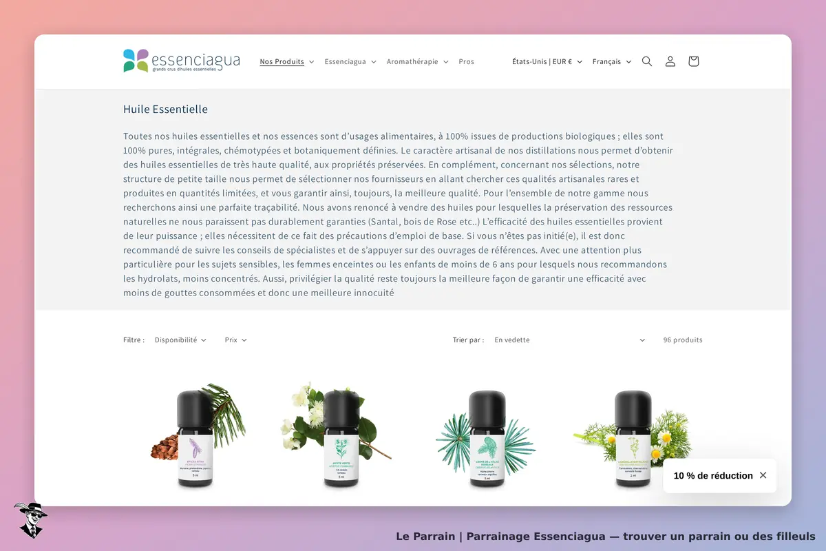 Essenciagua : page d'accueil présentant des huiles essentielles avec descriptions et filtres