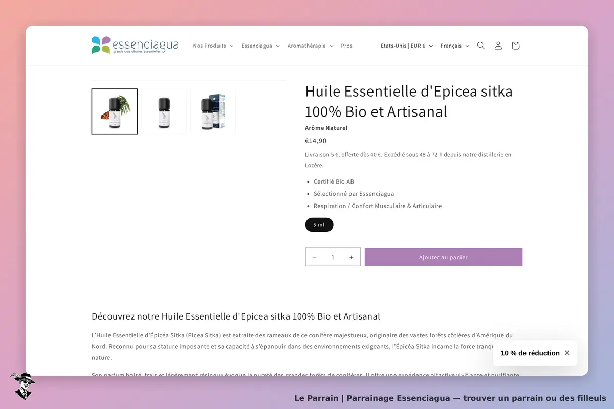 Essenciagua : page produit pour l'Huile Essentielle d'Épicea sitka, description et options d'achat