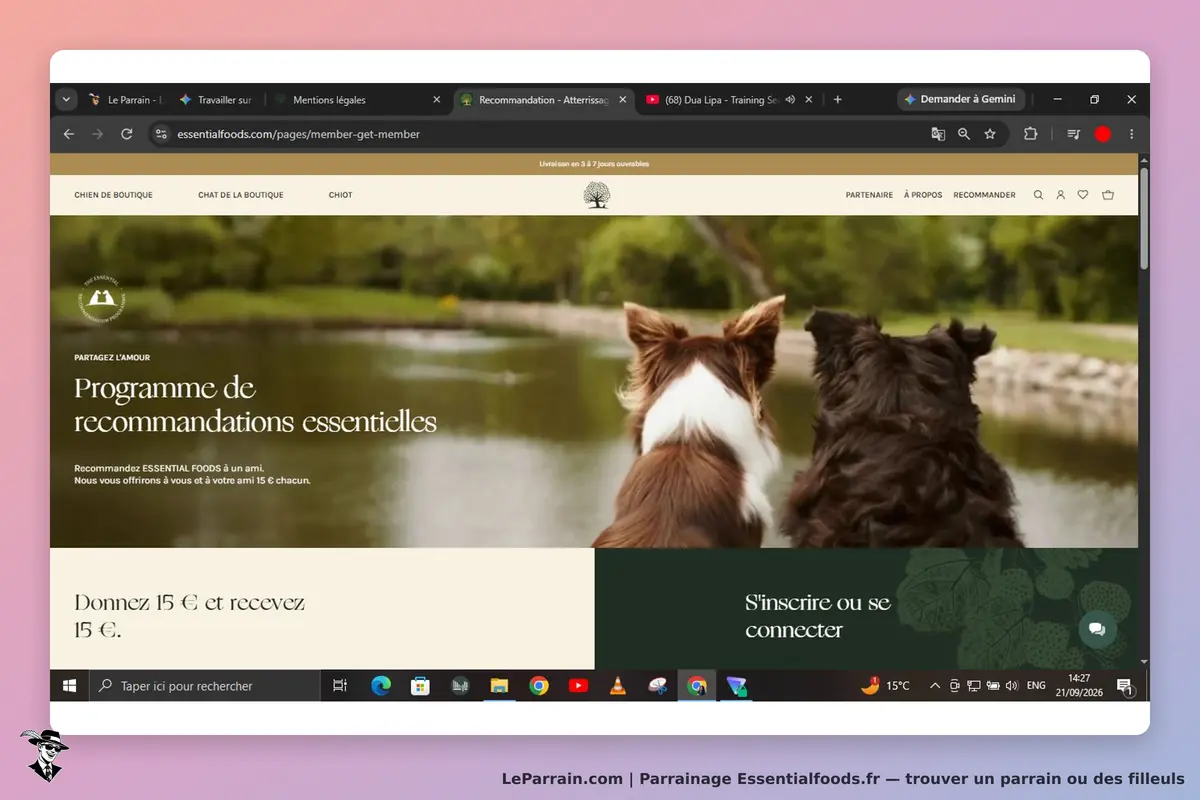 Essentialfoods.fr : essential Foods : page d'accueil avec deux chiens face à un lac et un programme
