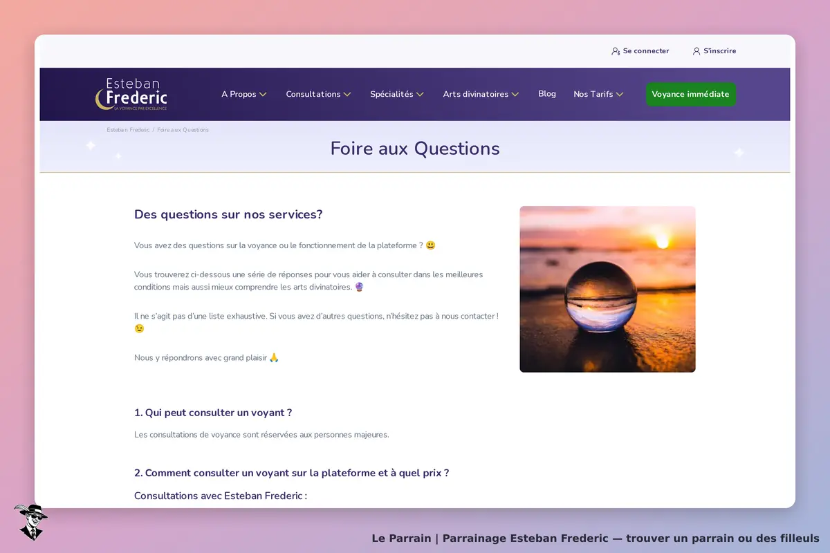 Esteban Frederic : page FAQ avec questions sur les services de voyance et image d'une boule de