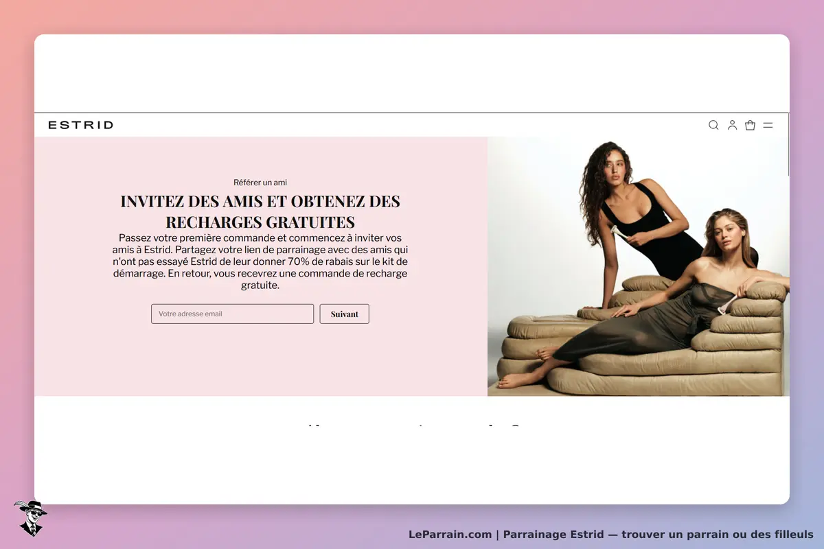 Estrid : page d'accueil avec un formulaire de parrainage et deux modèles posant sur un canapé