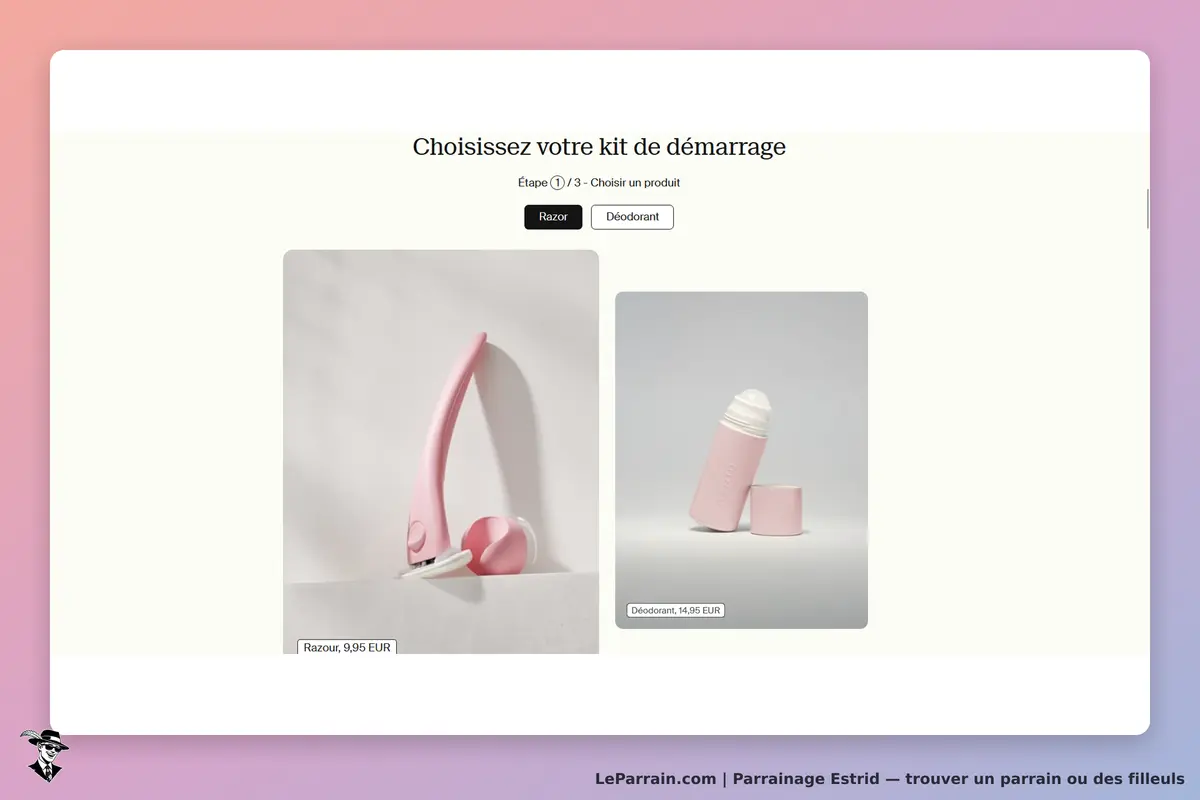 Estrid : sélection de produits avec un rasoir et un déodorant en rose sur fond clair
