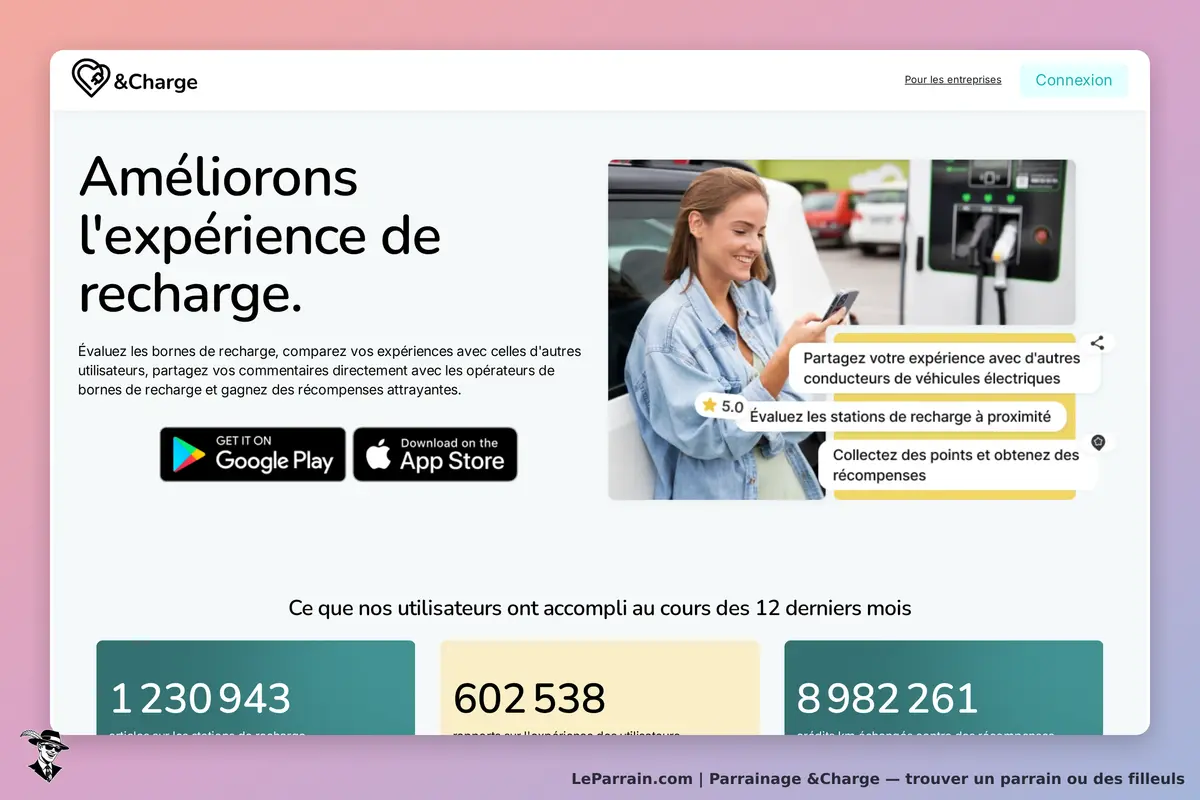 &Charge : page d'accueil avec un message sur l'expérience de recharge et une image d'utilisateur