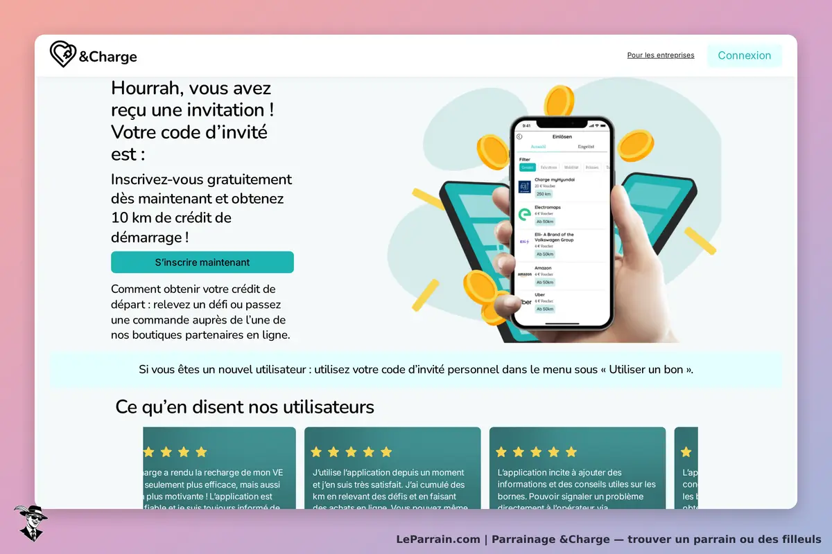 &Charge : page d'accueil avec une invitation et un code d'invité sur un smartphone