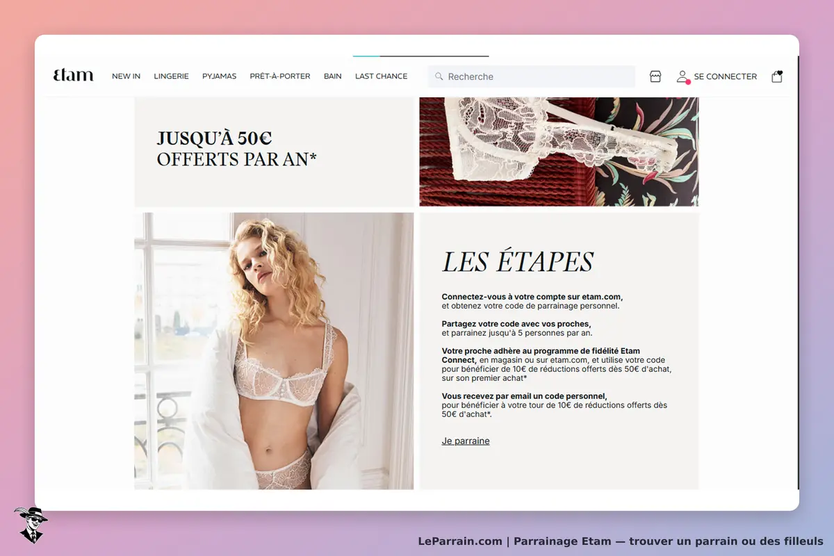 Etam : modèle en lingerie posant près d'une fenêtre, section sur le parrainage à droite