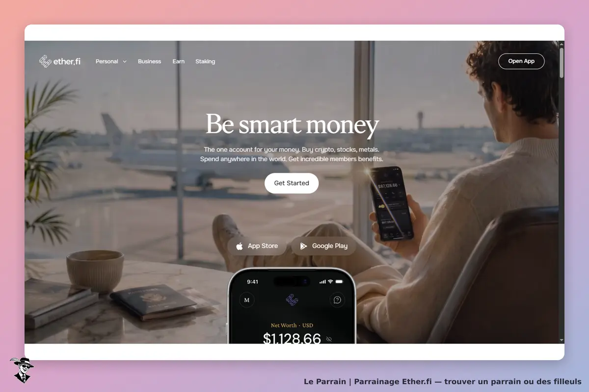 Ether.fi : page d'accueil avec un homme tenant un smartphone et une vue sur l'aéroport