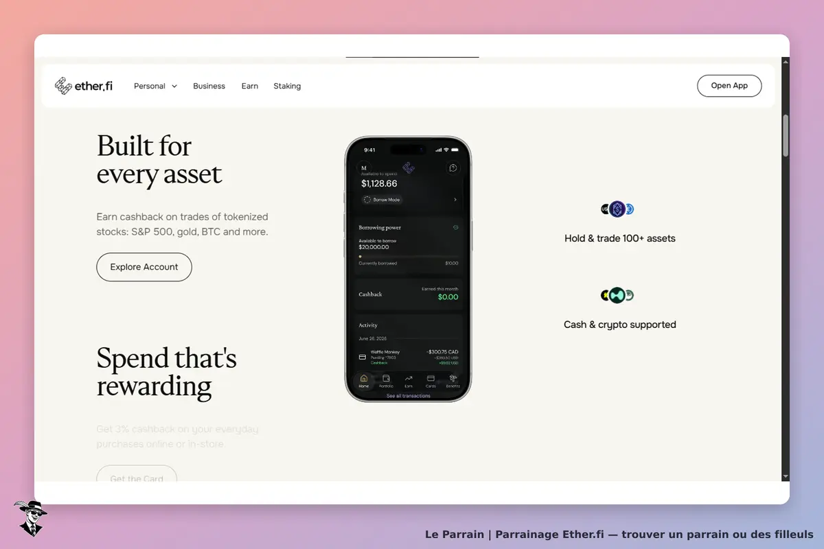 Ether.fi : page d'accueil avec un smartphone affichant un solde et des options de cashback