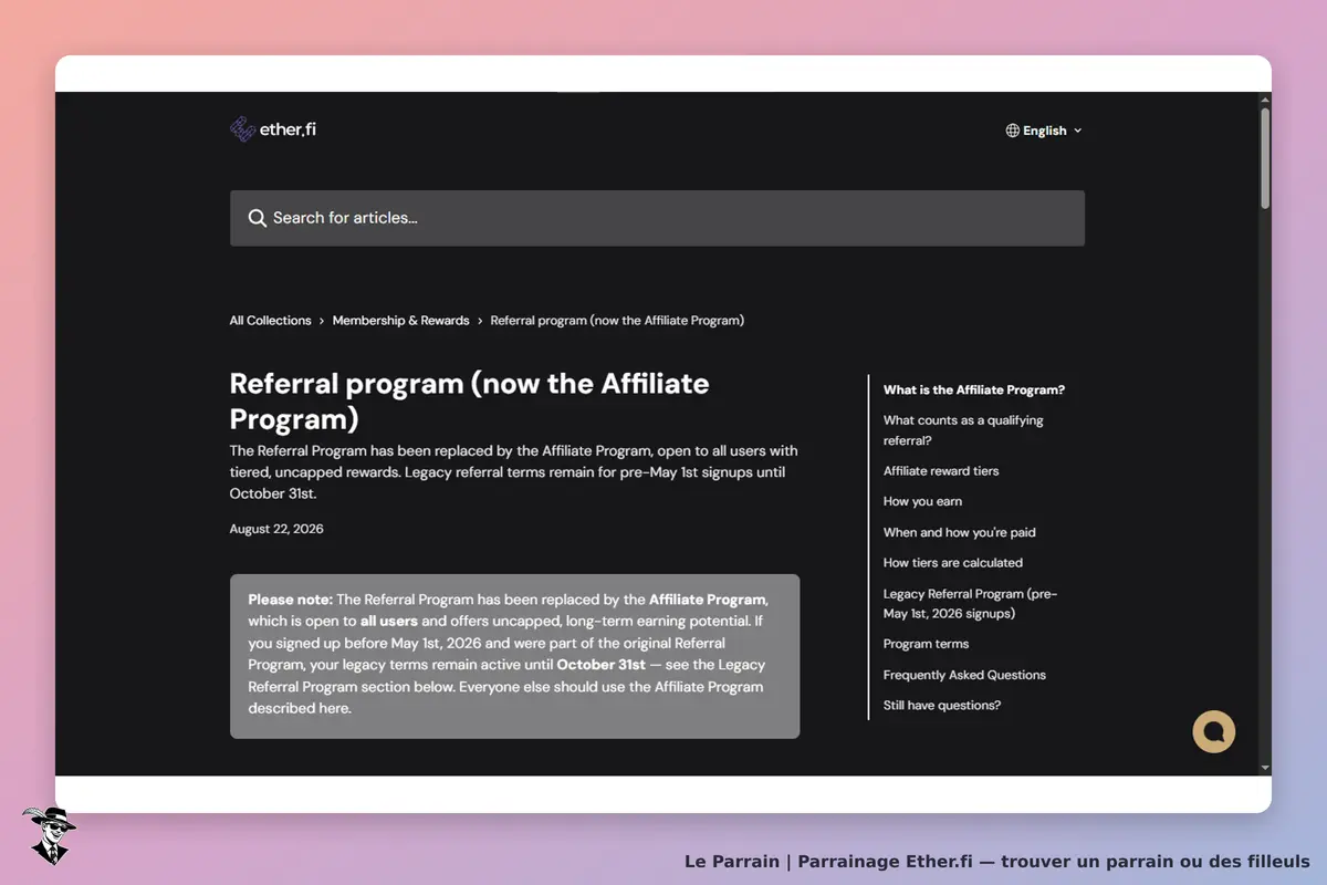 Ether.fi : page sur le programme de parrainage, informations et sections de navigation visibles