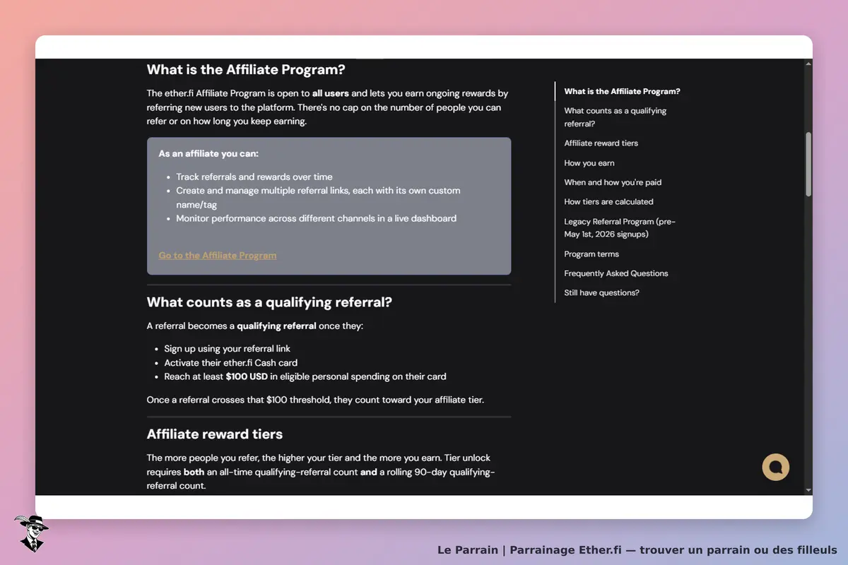 Ether.fi : présentation du programme d'affiliation avec sections sur les références et récompenses