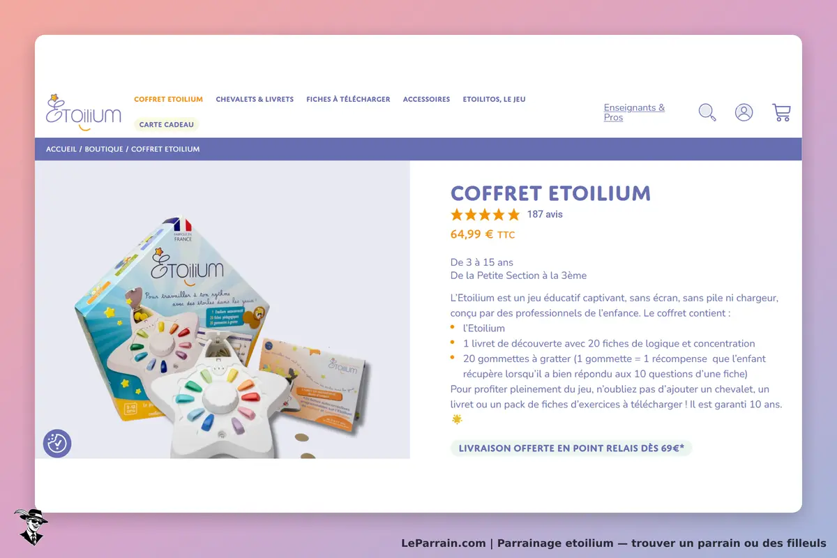 Etoilium : image d'un coffret éducatif avec un jeu et des fiches, présentation sur la page
