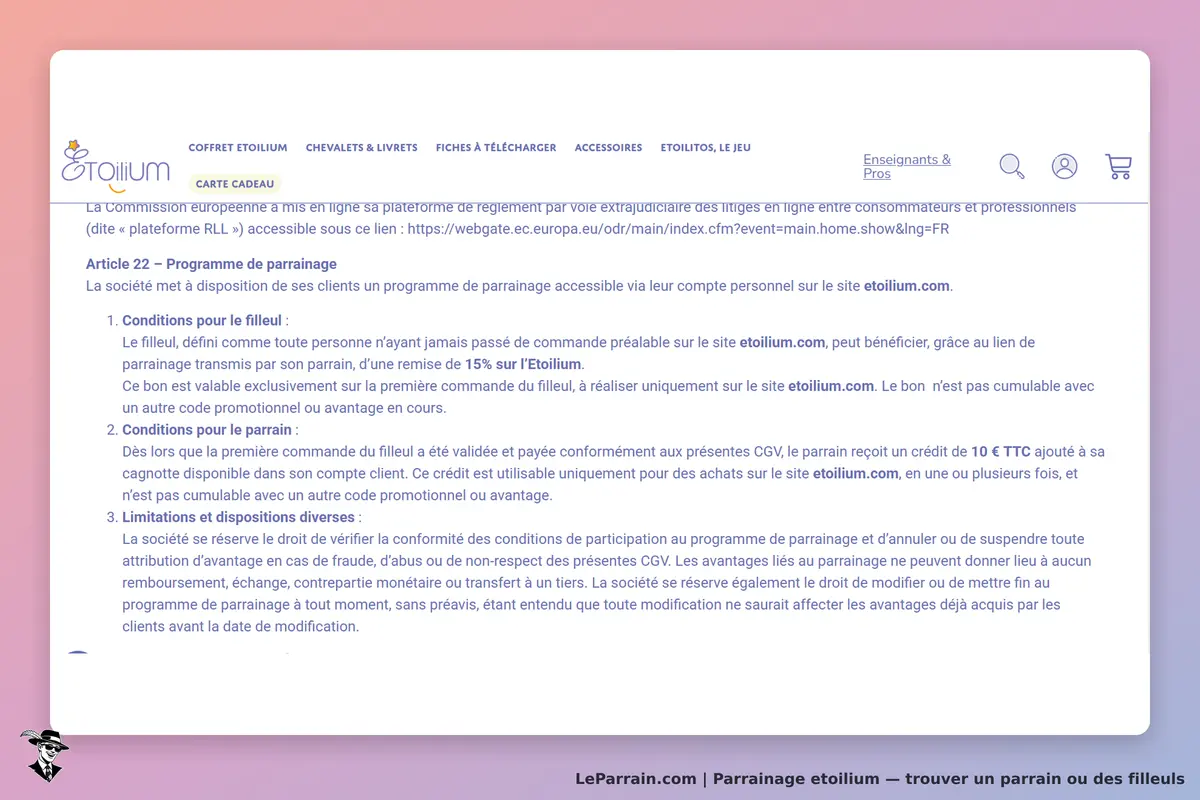Etoilium : texte explicatif sur le programme de parrainage et ses conditions d'utilisation