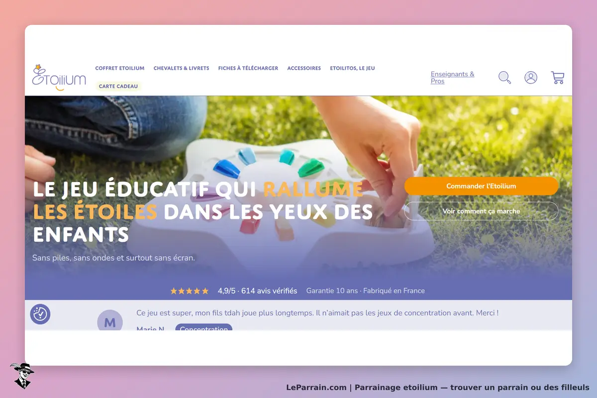 Etoilium : page d'accueil présentant un jeu éducatif avec des couleurs vives sur un fond de gazon