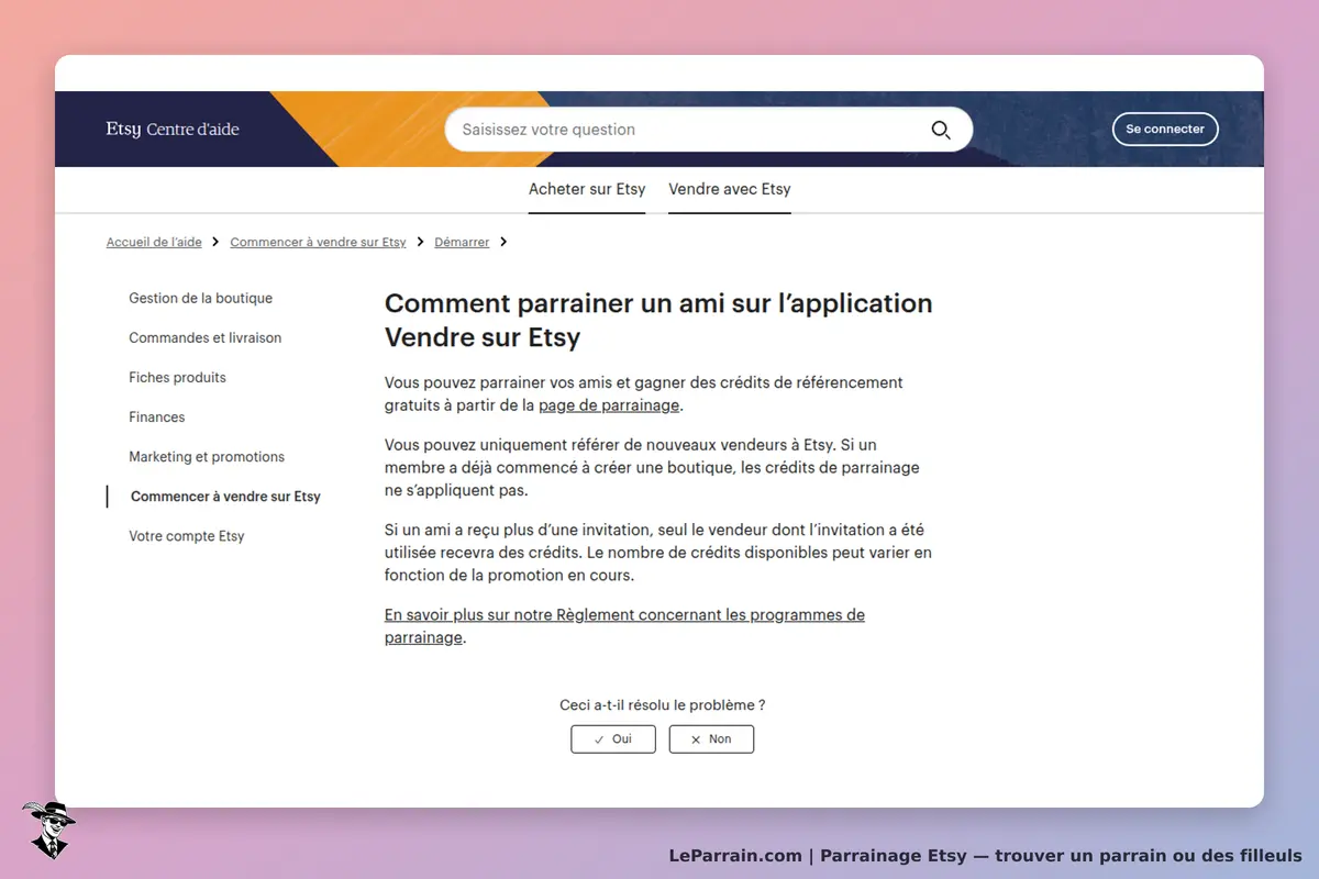 Etsy : page d'aide sur le parrainage pour l'application Vendre sur Etsy