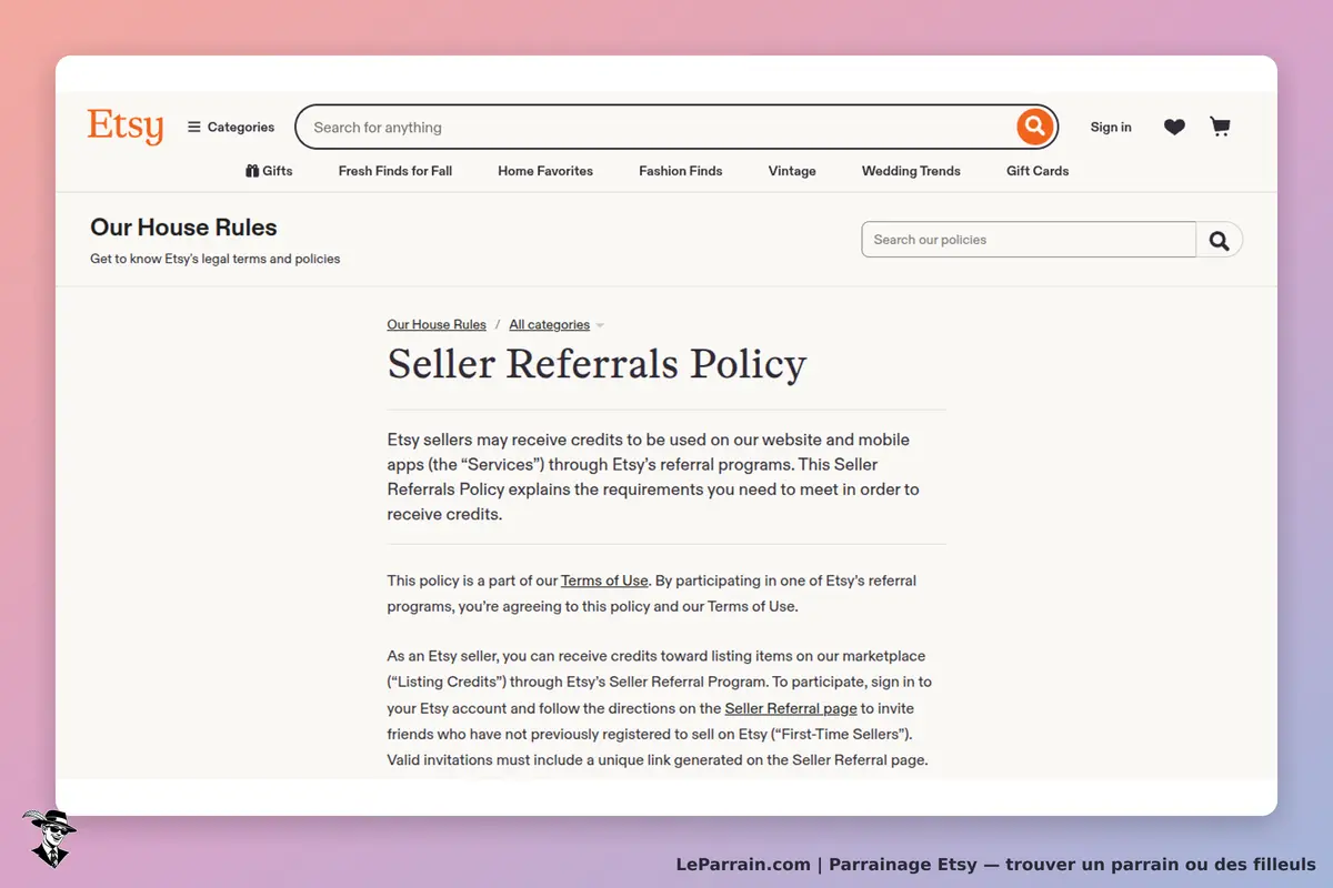 Etsy : page expliquant la politique de parrainage pour les vendeurs sur le site