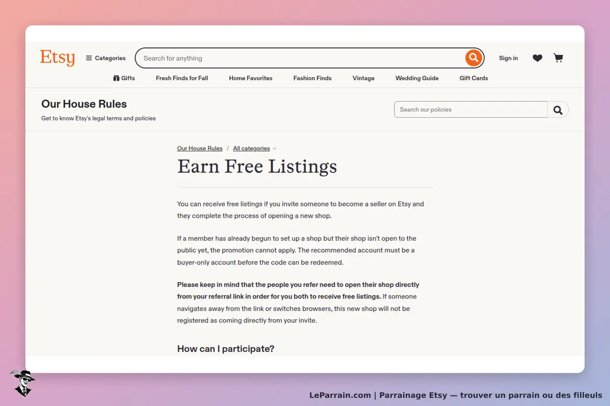 Etsy : page présentant les règles de parrainage et les conditions pour obtenir des annonces