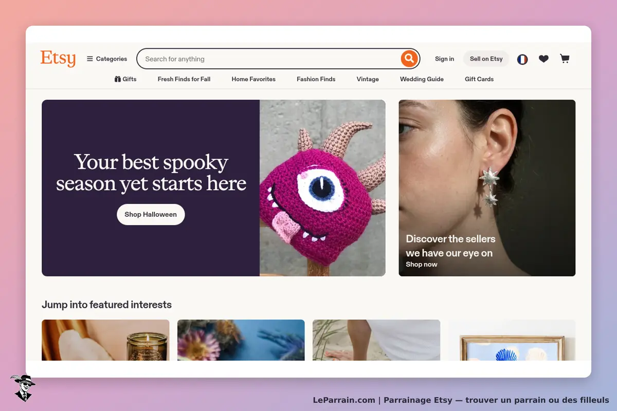 Etsy : page d'accueil avec un monstre en crochet et des boucles d'oreilles affichées
