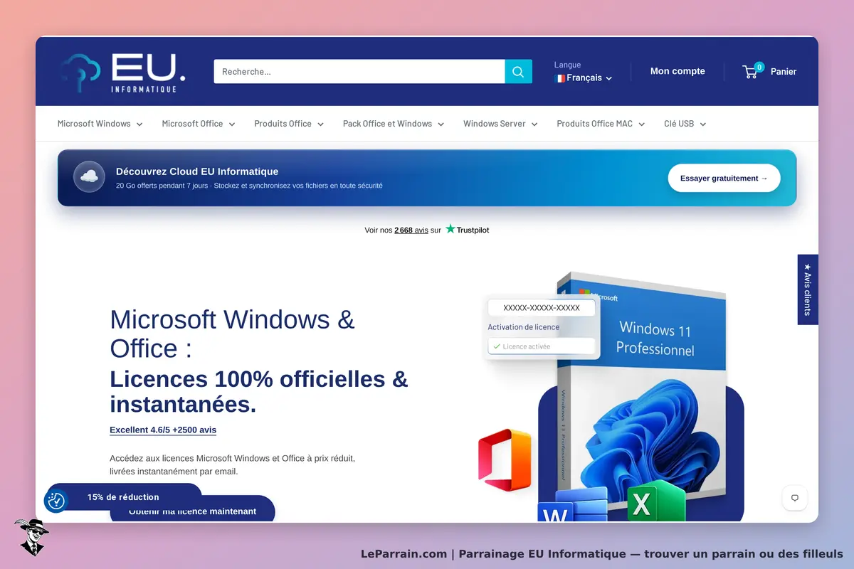 EU Informatique : page d'accueil présentant Microsoft Windows et Office avec produits et services