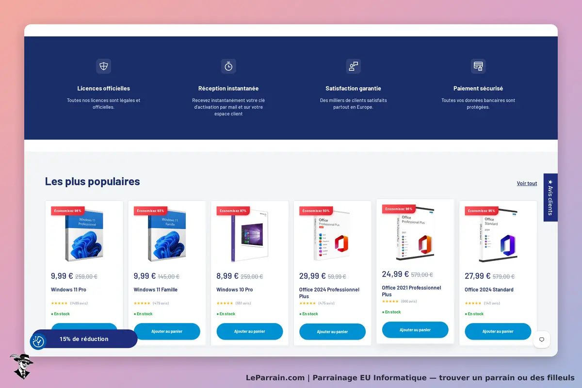 EU Informatique : page d'accueil avec produits populaires et informations sur les licences